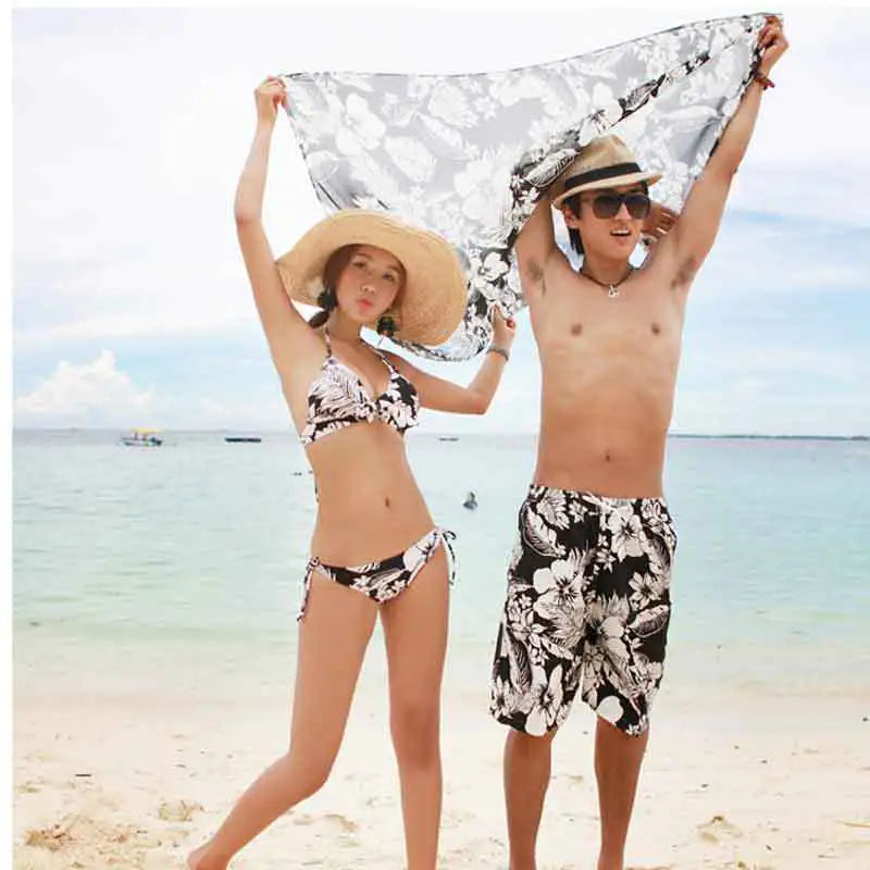 Black Floral Couples Three-Piece Bikini Swimwear Set