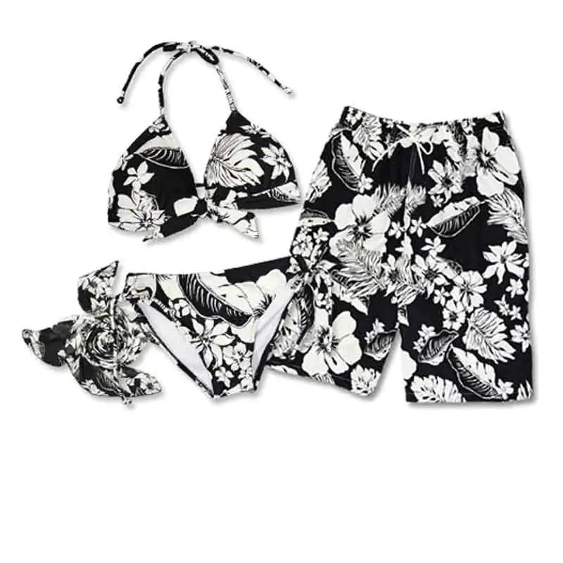 Black Floral Couples Three-Piece Bikini Swimwear Set
