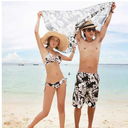 Black Floral Couples Three-Piece Bikini Swimwear Set