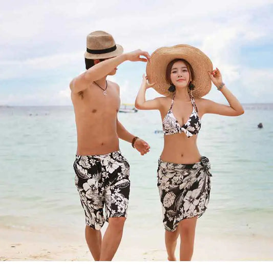 Black Floral Couples Three-Piece Bikini Swimwear Set