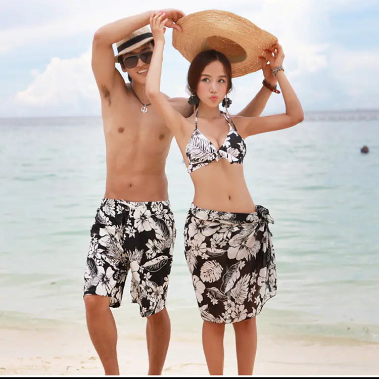 Black Floral Couples Three-Piece Bikini Swimwear Set